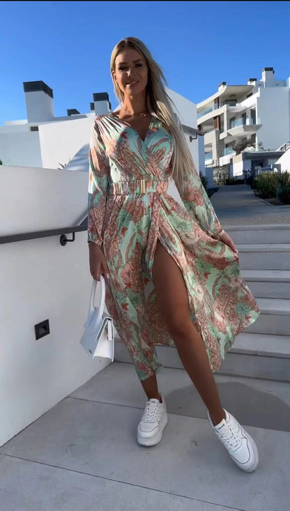Vestido Elegante Largo con Escote en V Cinturado