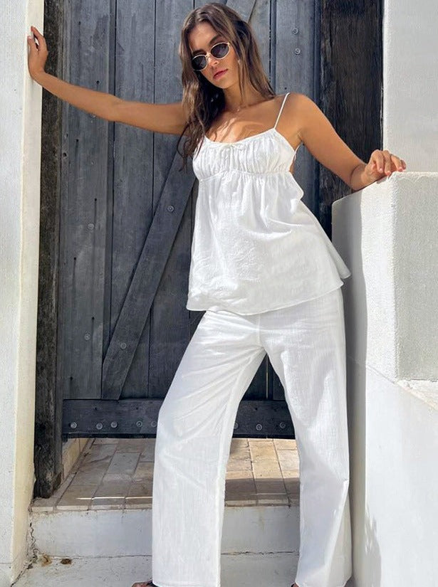 Conjunto blanco de verano con blusón texturizado - Vestiria