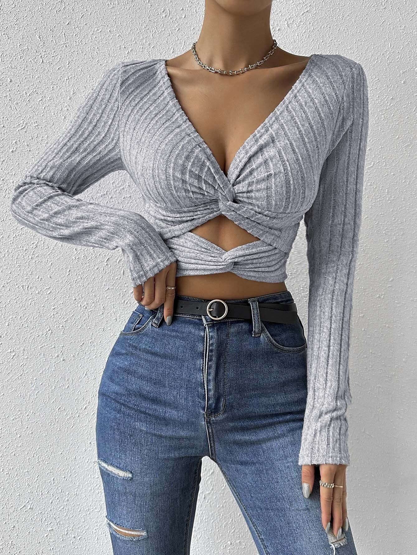 Blusa Mujer Manga Larga Cruzada Escote Profundo