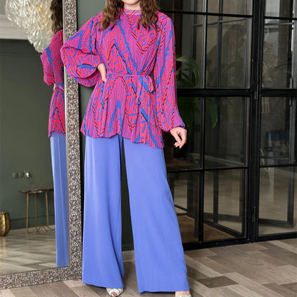 Conjunto Mujer Elegante Blusa Volante Pantalón Amplio
