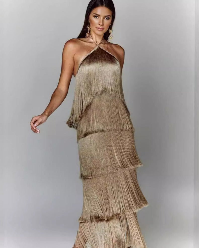 Vestido Fiesta Espalda Abierta con Borlas - Vestiria