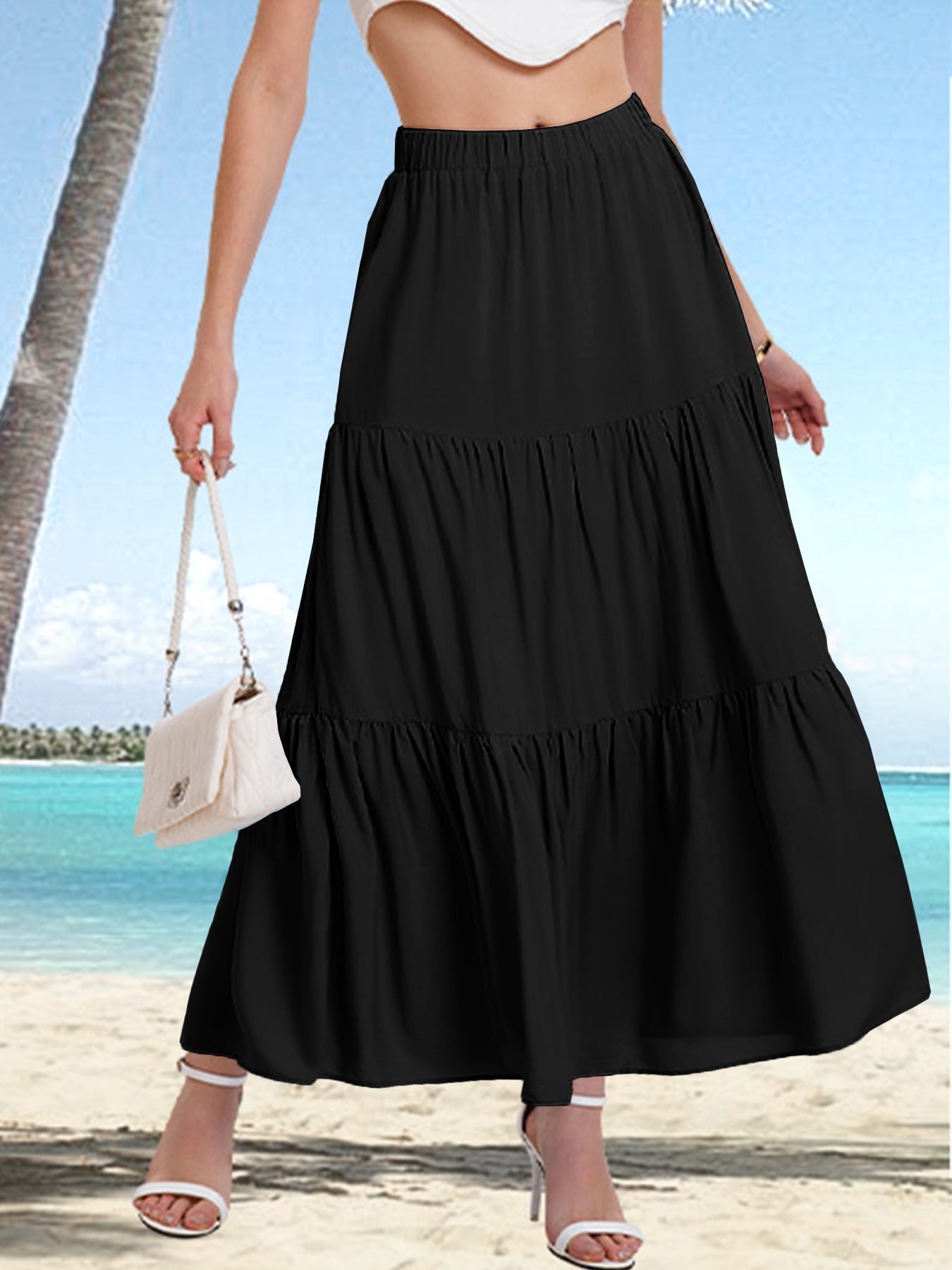 Falda Midi Mujer Cintura Alta con Volantes Elegantes