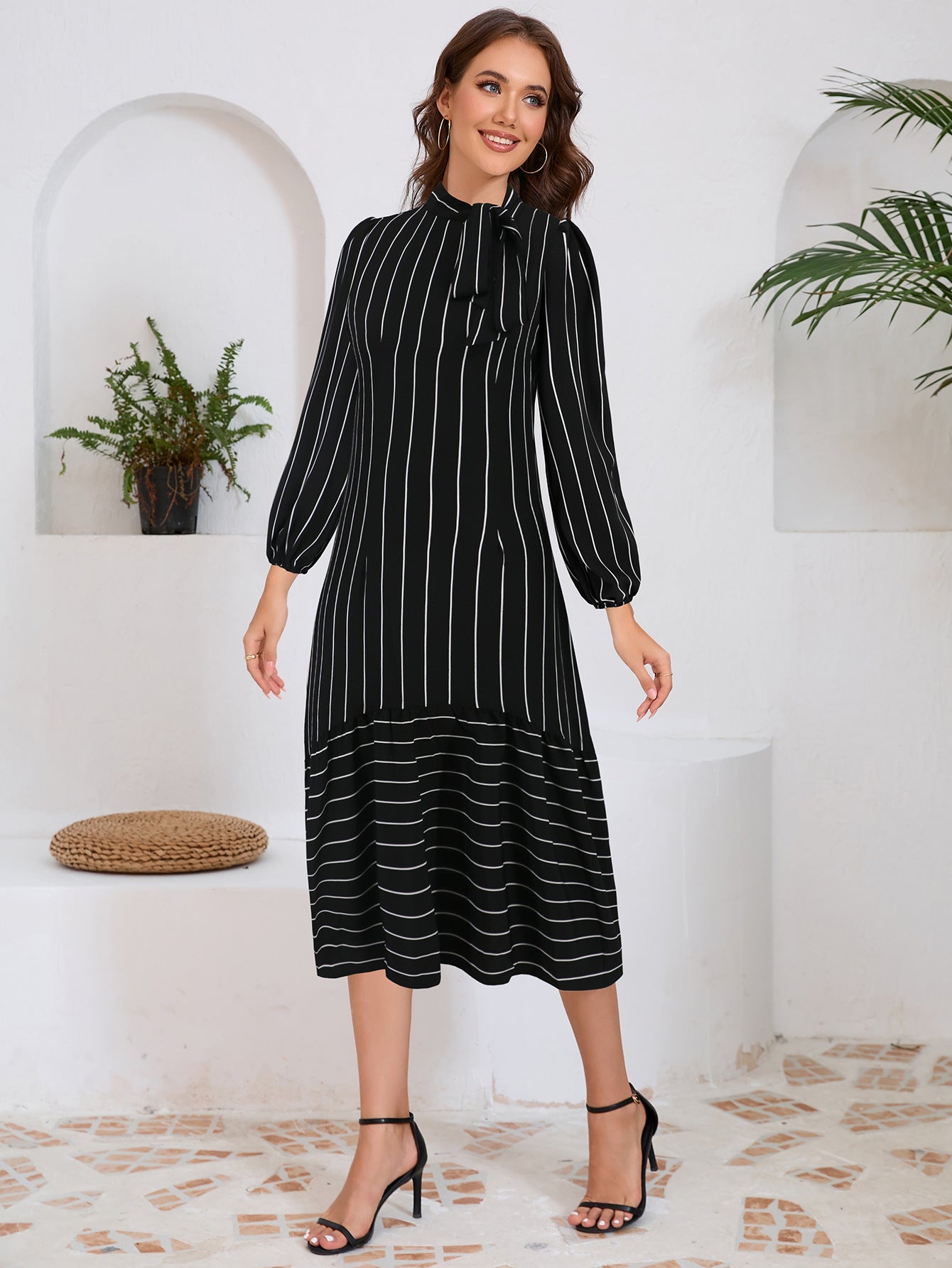 Vestido Midi Elegante con Lazo y Mangas Largas - Vestiria