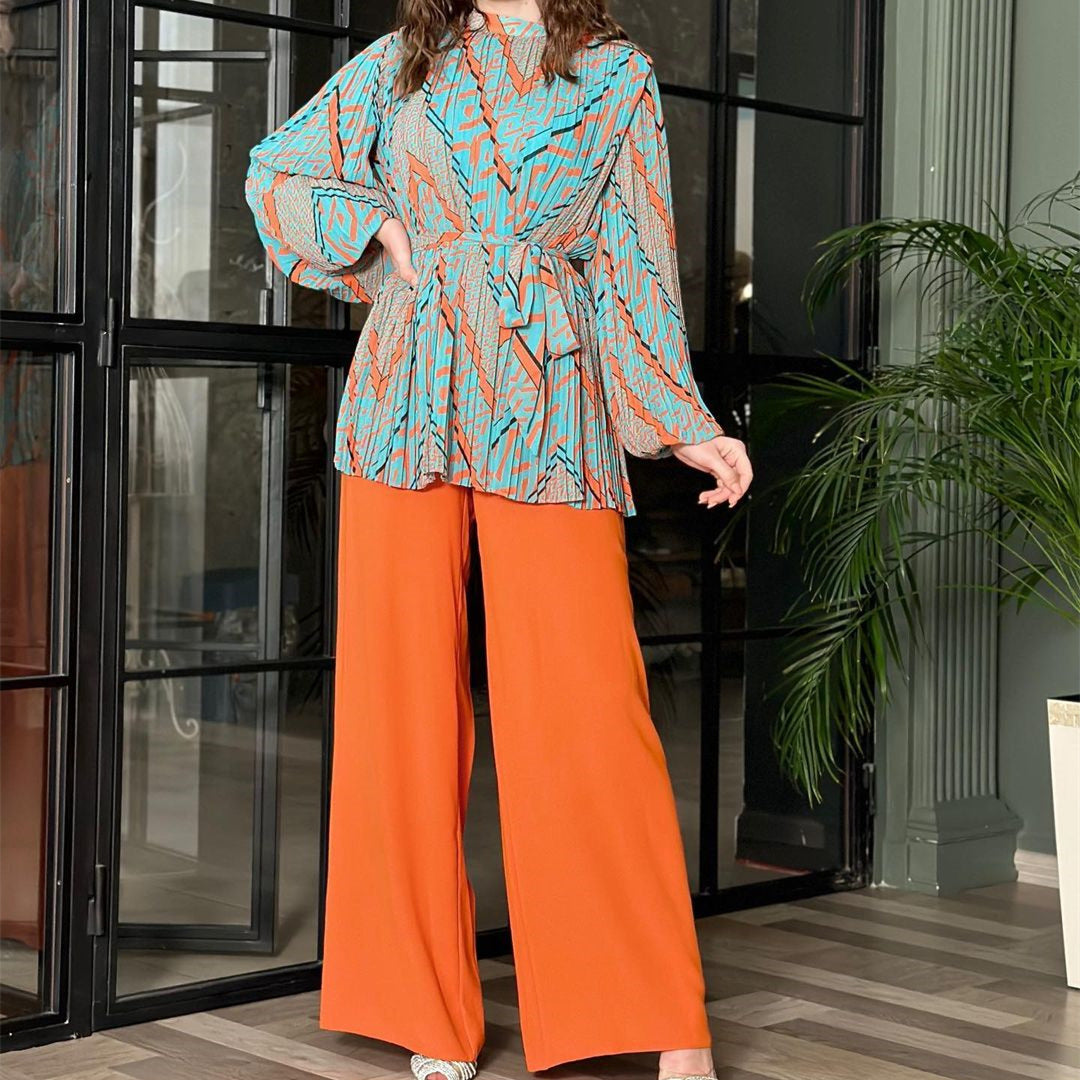 Conjunto Mujer Elegante Blusa Volante Pantalón Amplio