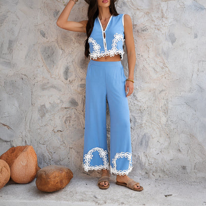 Conjunto Mujer Encaje y Pantalón Ancho