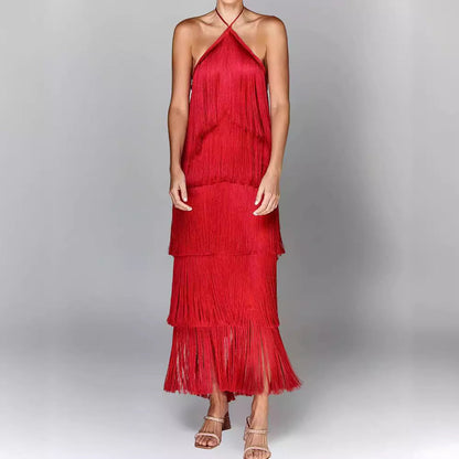 Vestido Fiesta Espalda Abierta con Borlas