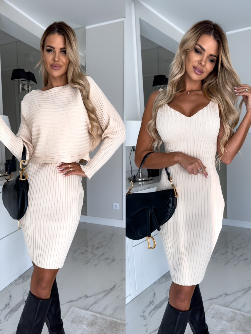 Vestido Midi de Punto con Top Corto Manga Larga