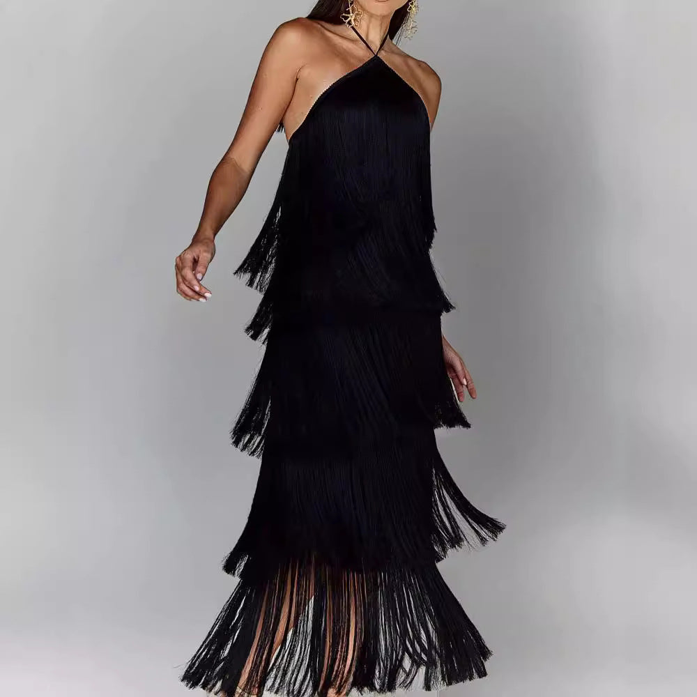 Vestido Fiesta Espalda Abierta con Borlas