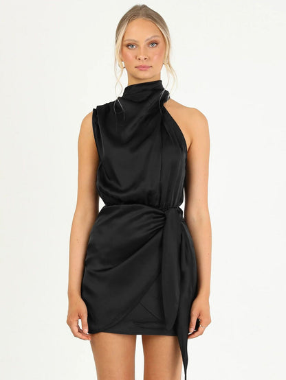 Vestido Noche Satén Cuello Alto Elegante