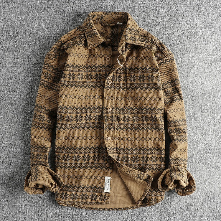 Camisa Hombre Pana Estampado Tribal Manga Larga