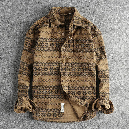 Camisa Hombre Pana Estampado Tribal Manga Larga