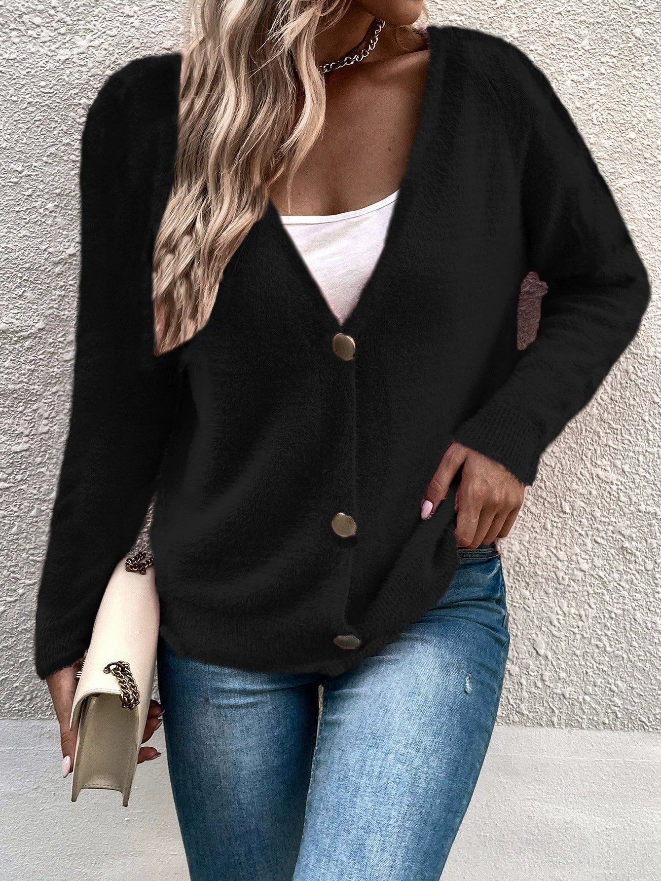 Cárdigan Casual Cuello en V Botones