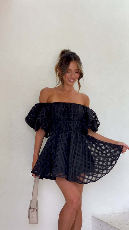 Vestido Corto Estampado a Cuadros con Mangas Voladas