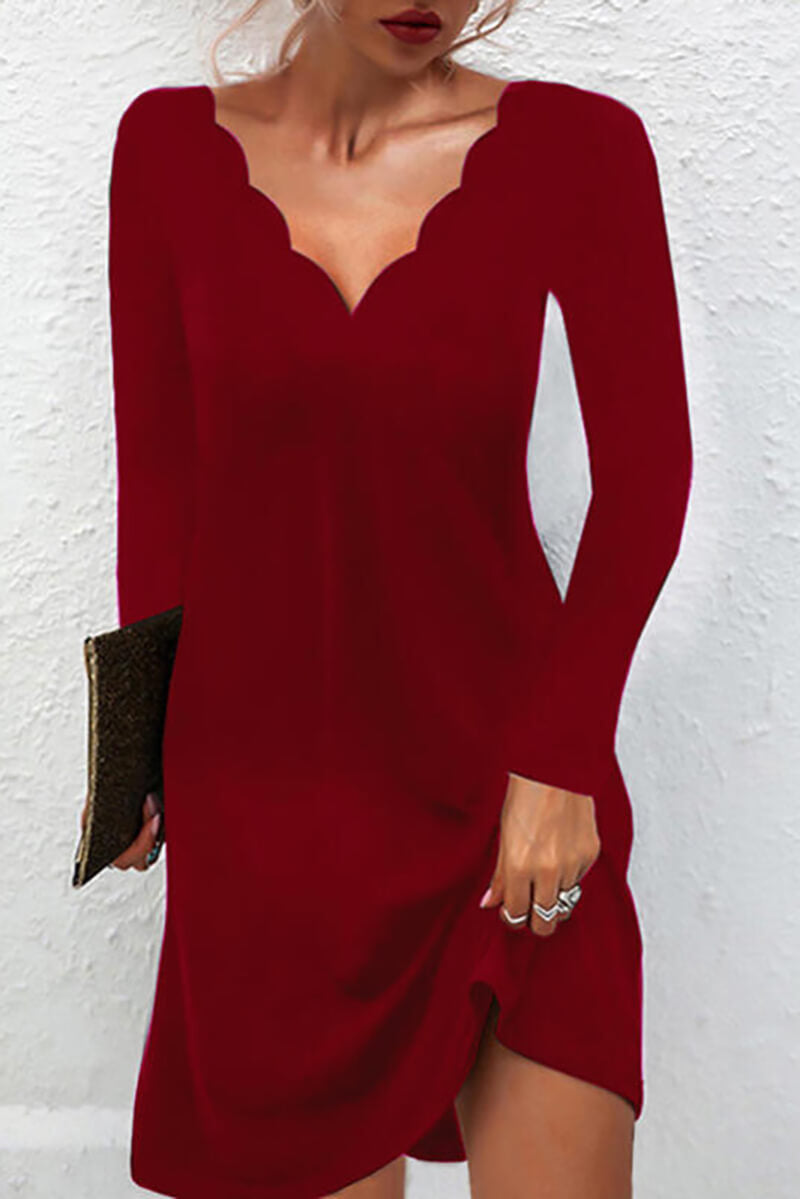 Vestido Mujer Manga Larga Festoneado Elegante