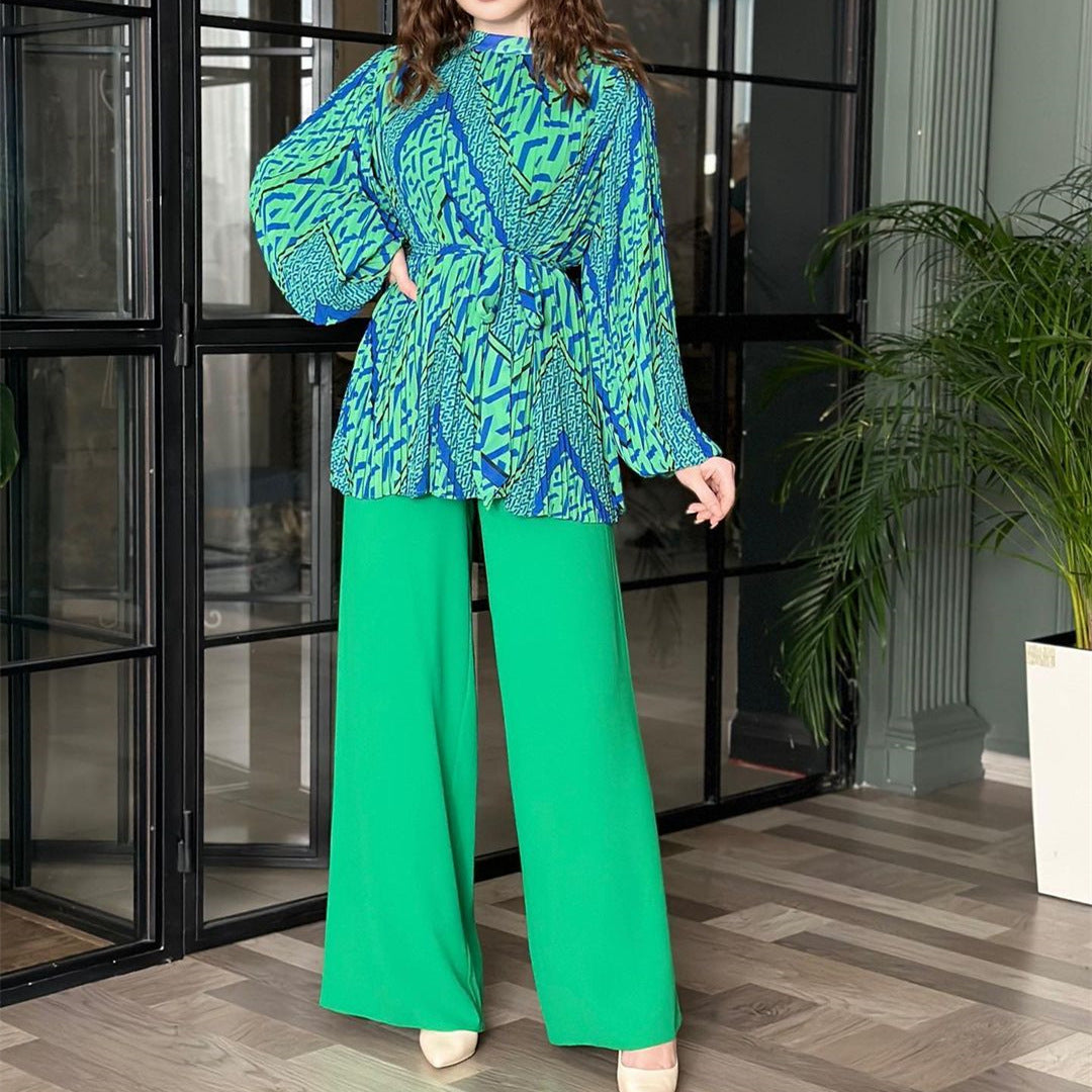Conjunto Mujer Elegante Blusa Volante Pantalón Amplio