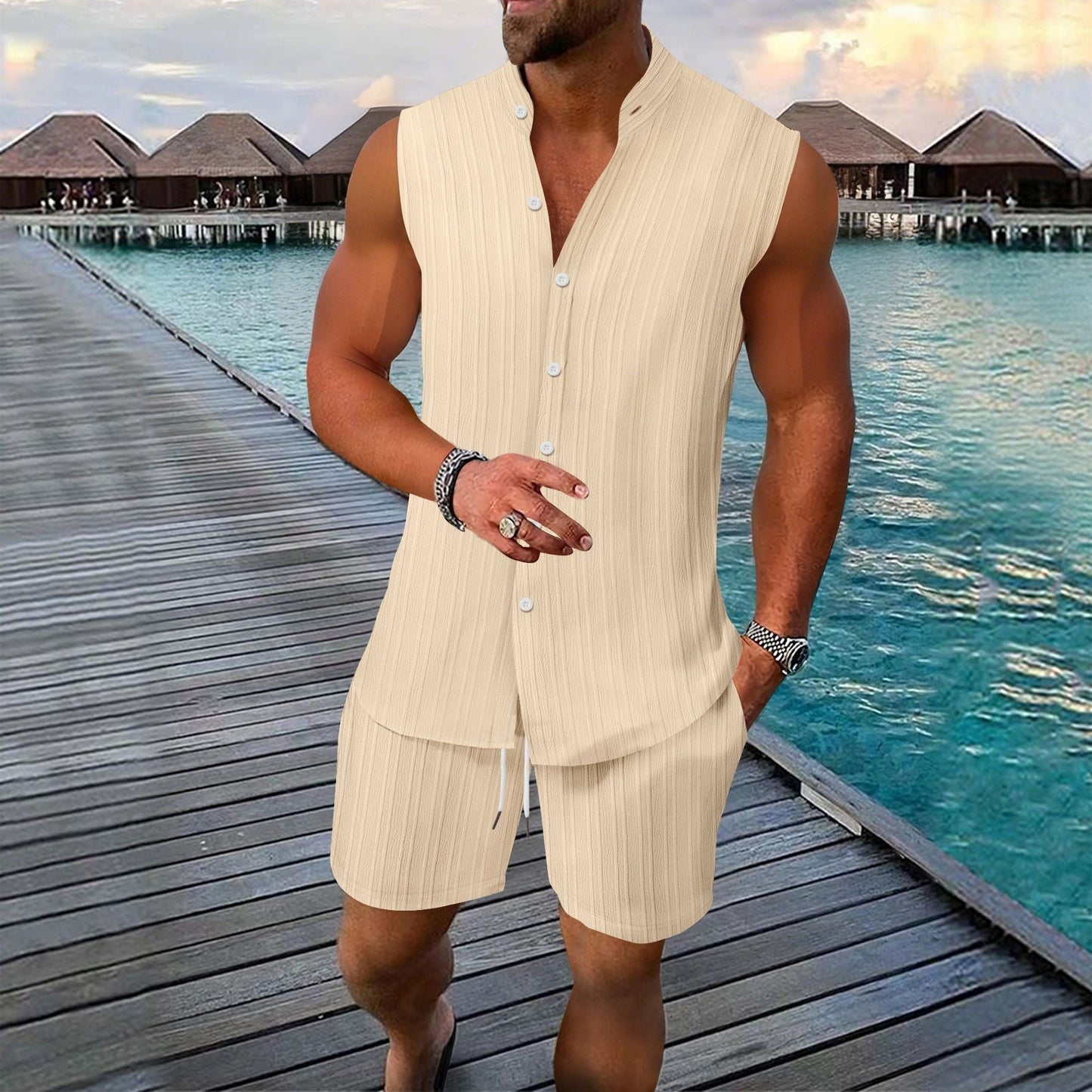 Camiseta sin mangas con botones y pantalón corto hombre