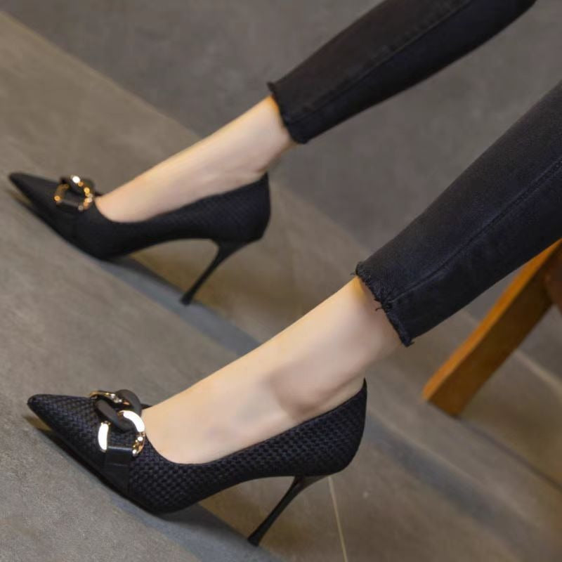 Zapatos Tacón Mujer Tejidos con Detalle Metálico - Vestiria