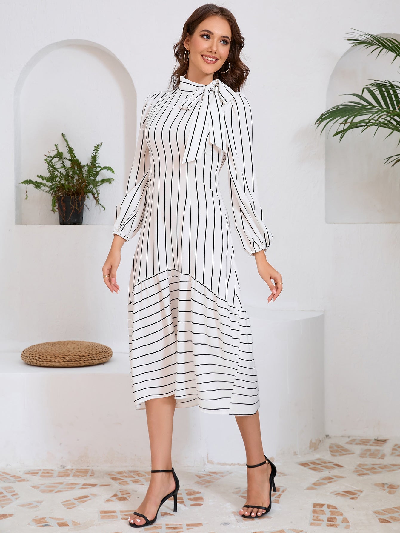 Vestido Midi Elegante con Lazo y Mangas Largas