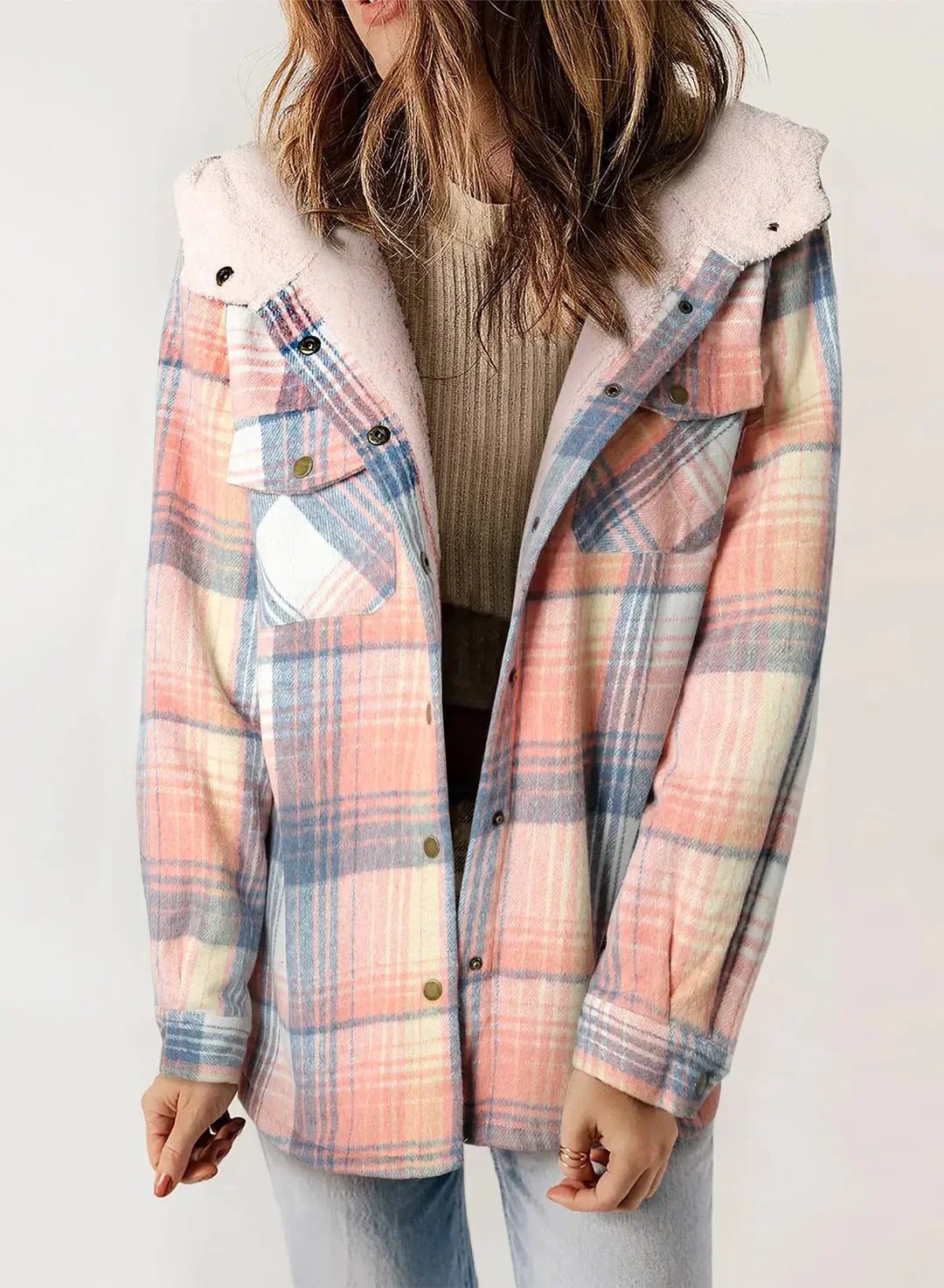 Abrigo Acogedor con Capucha y Estampado Cuadriculado Mujer - Vestiria