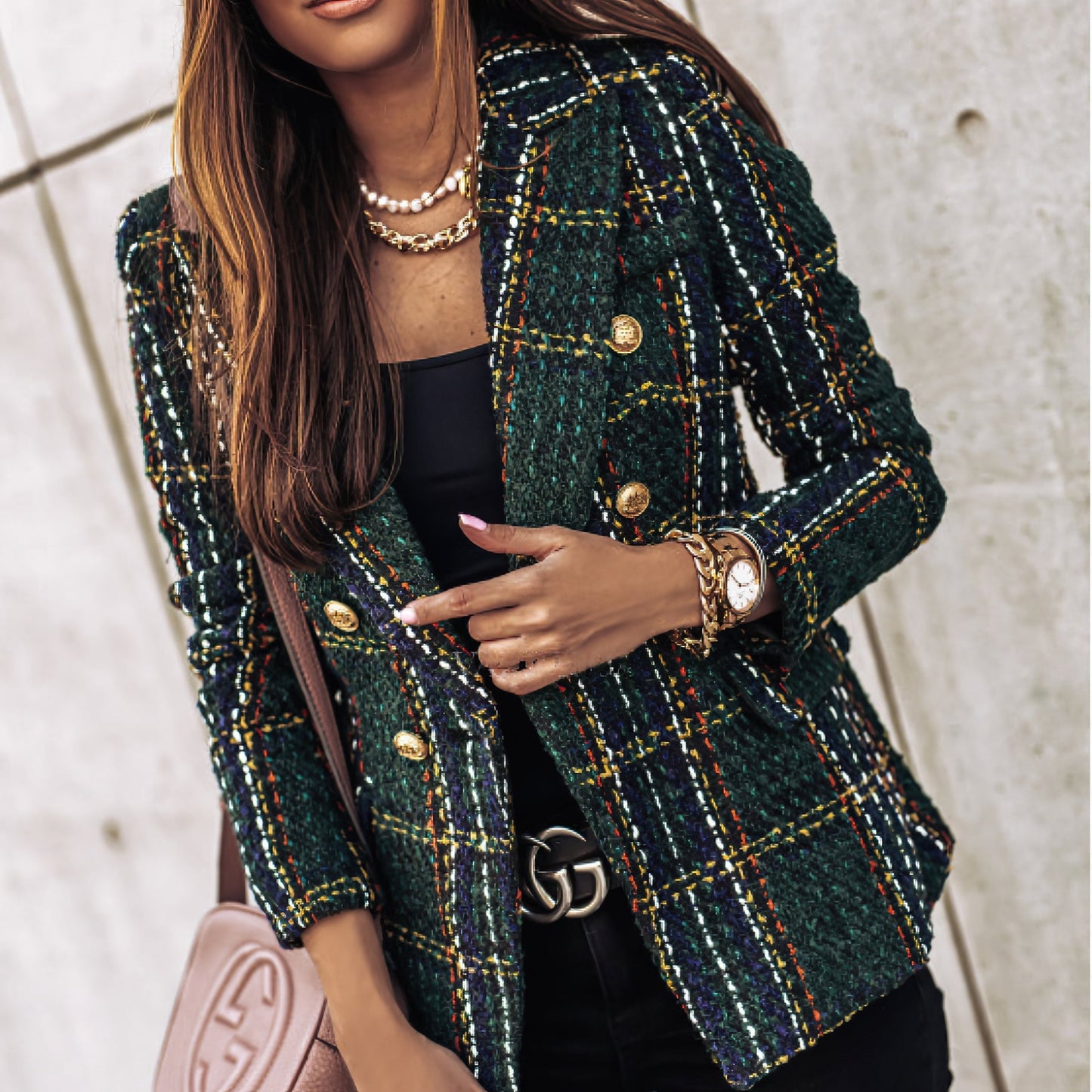 Chaquetilla Cuadros Doble Botón Mujer Elegante - Vestiria