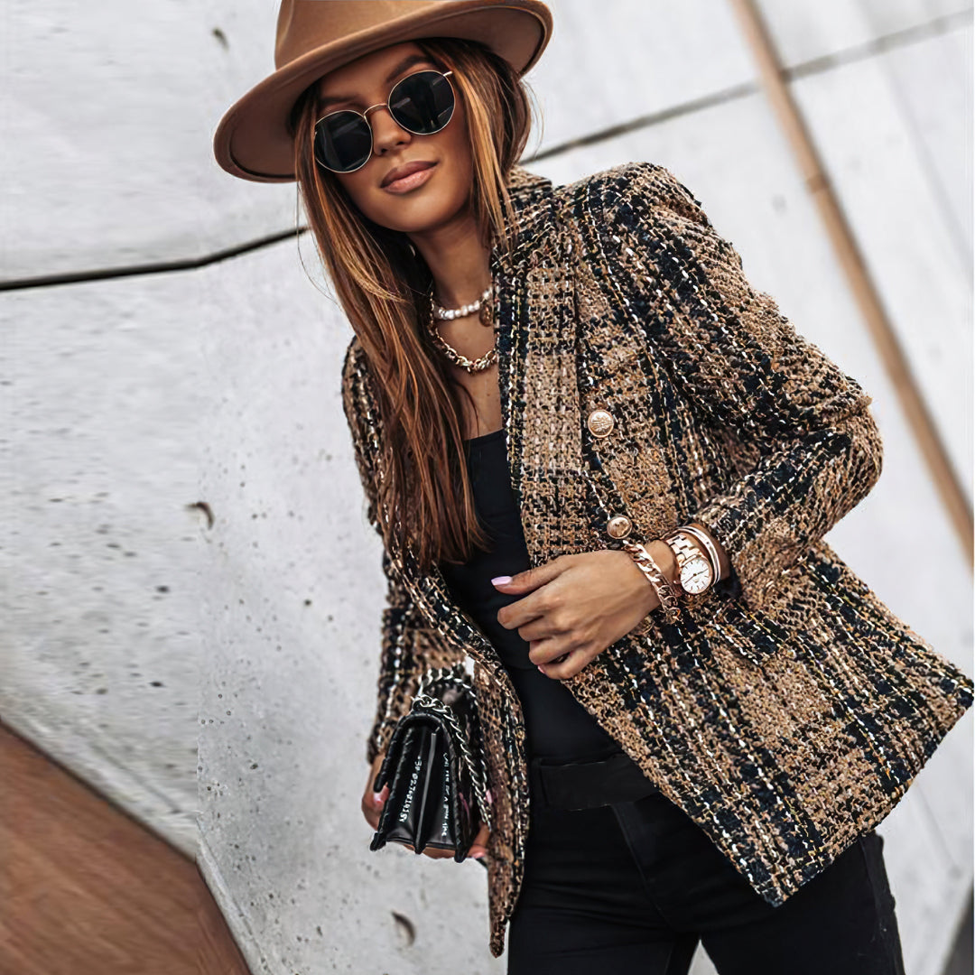 Chaquetilla Cuadros Doble Botón Mujer Elegante