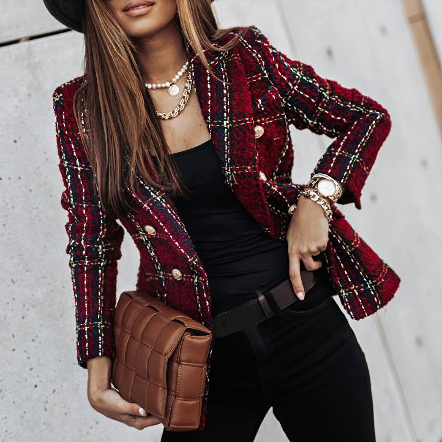 Chaquetilla Cuadros Doble Botón Mujer Elegante