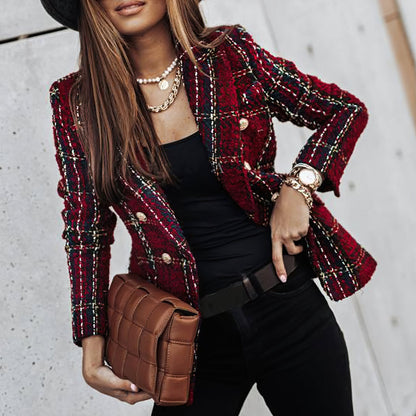 Chaquetilla Cuadros Doble Botón Mujer Elegante