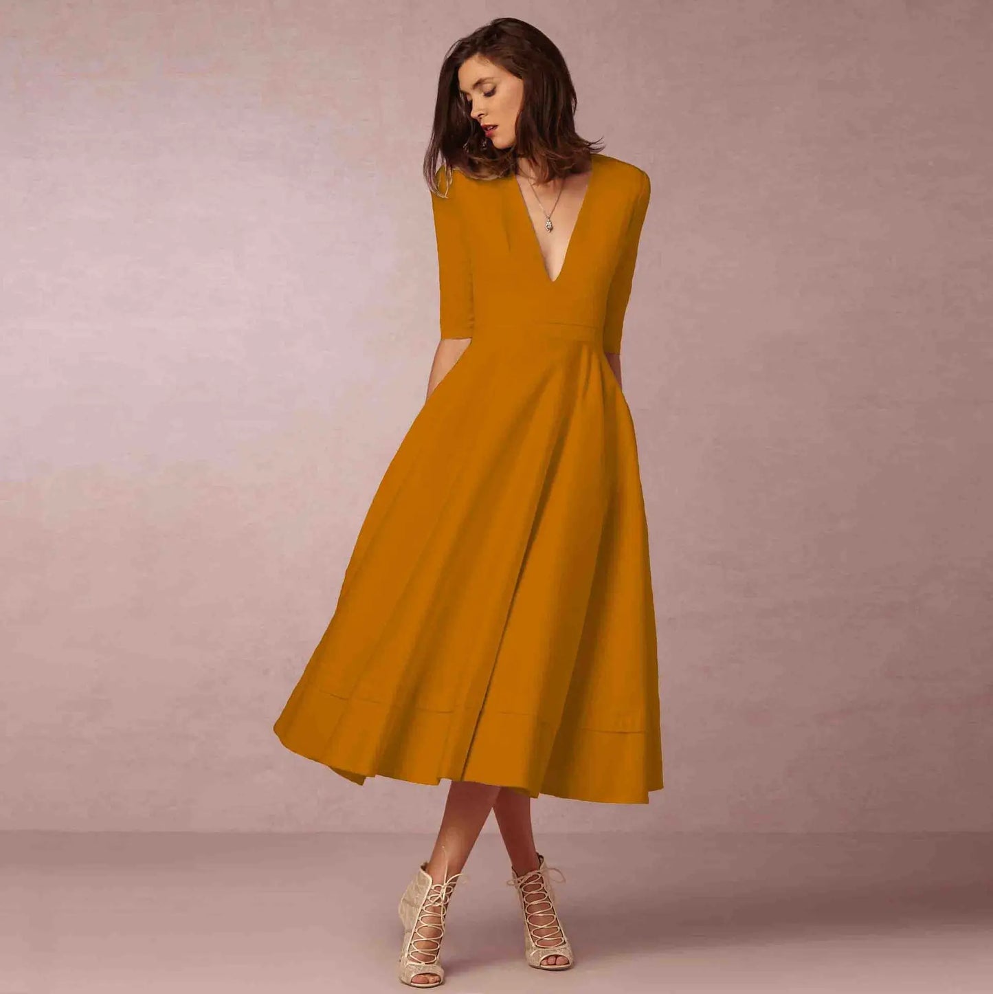 Vestido Mujer Midi Elegante con Mangas Cortas