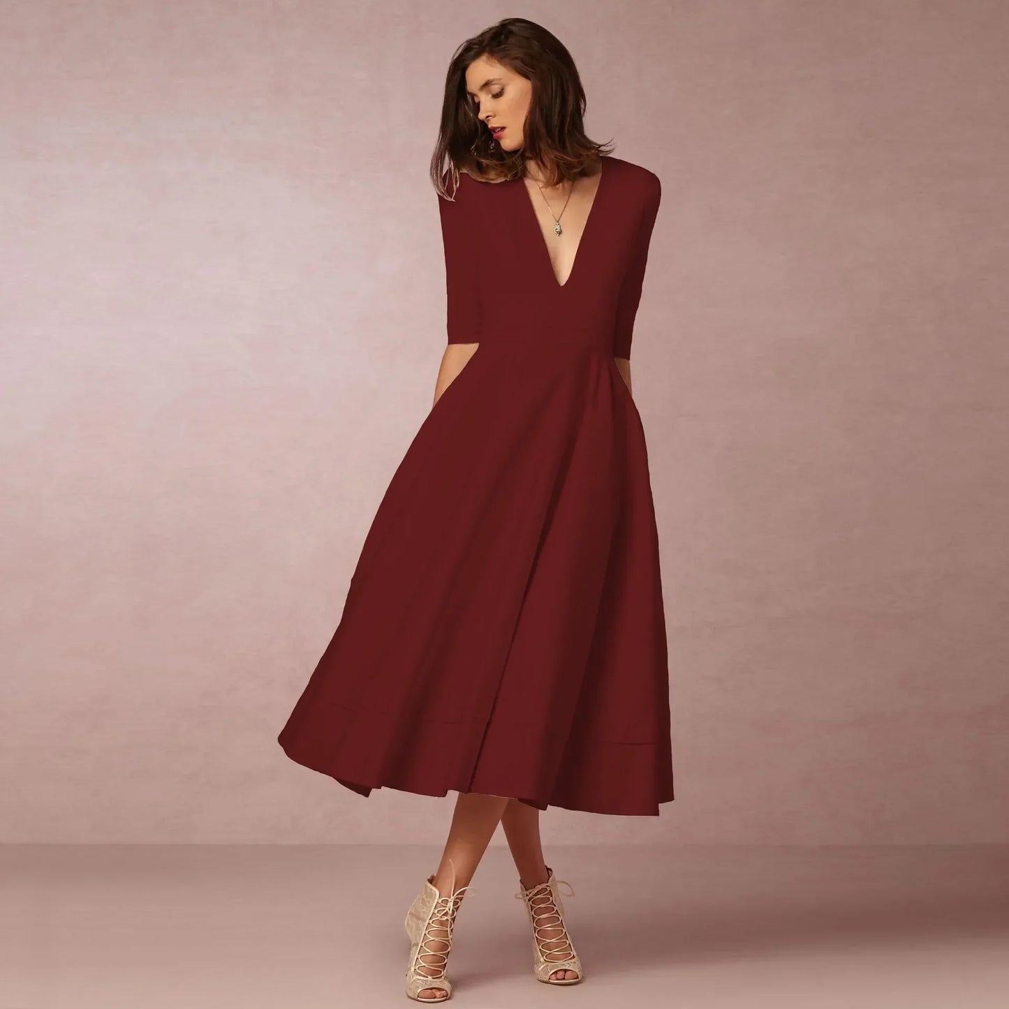 Vestido Mujer Midi Elegante con Mangas Cortas