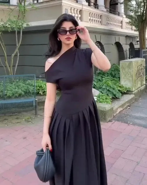 Vestido Elegante Mujer Falda Plisada Cuello Alto