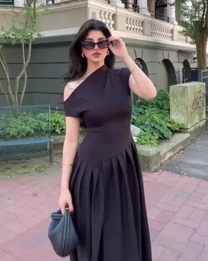 Vestido Elegante Mujer Falda Plisada Cuello Alto