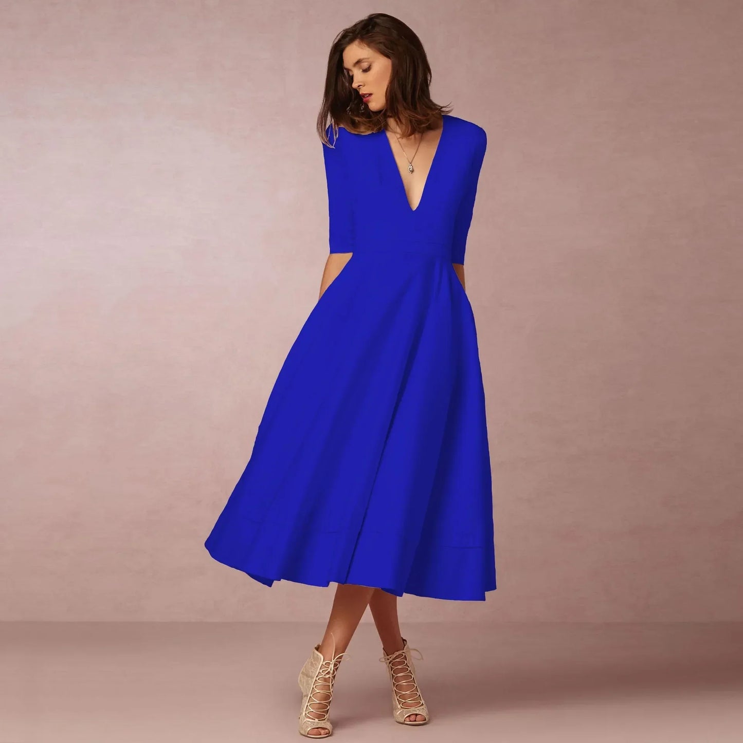 Vestido Mujer Midi Elegante con Mangas Cortas