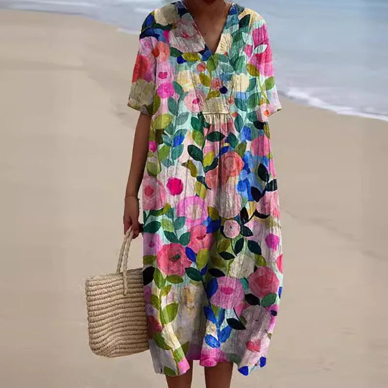 Vestido Florido Escote en V Feminino - Vestiria