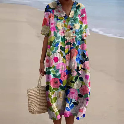 Vestido Florido Escote en V Feminino - Vestiria