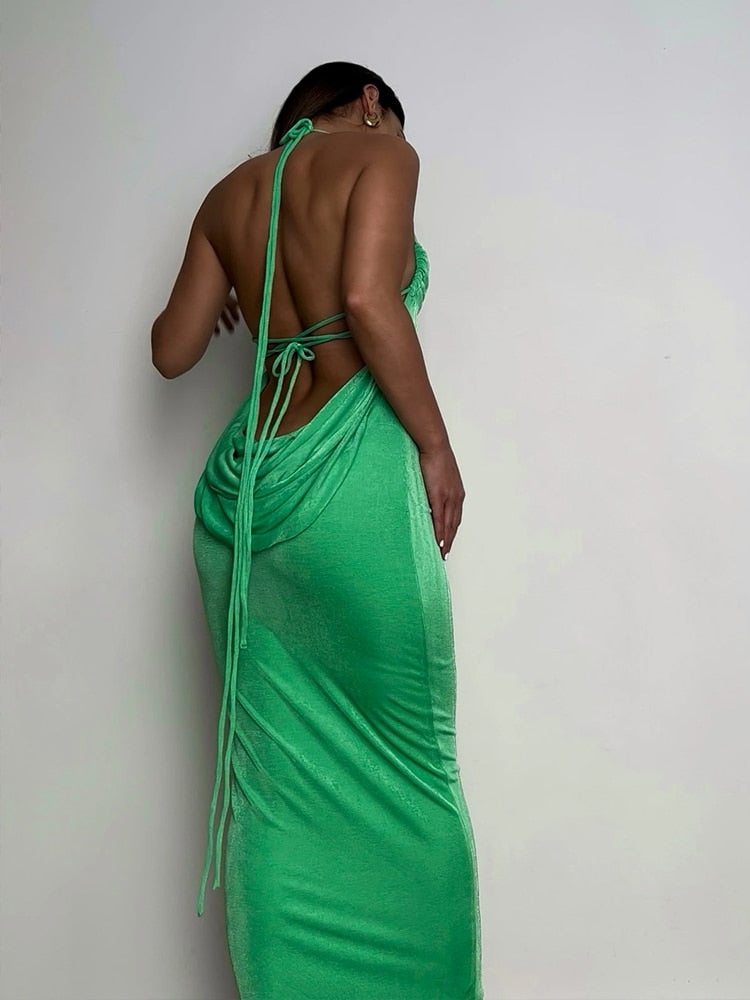 Vestido Largo Verde Sin Espalda Mujer Elegante