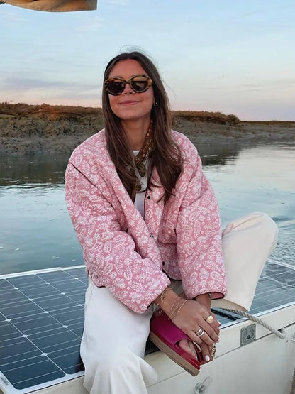 Chaqueta acolchada rosa estampada femenina