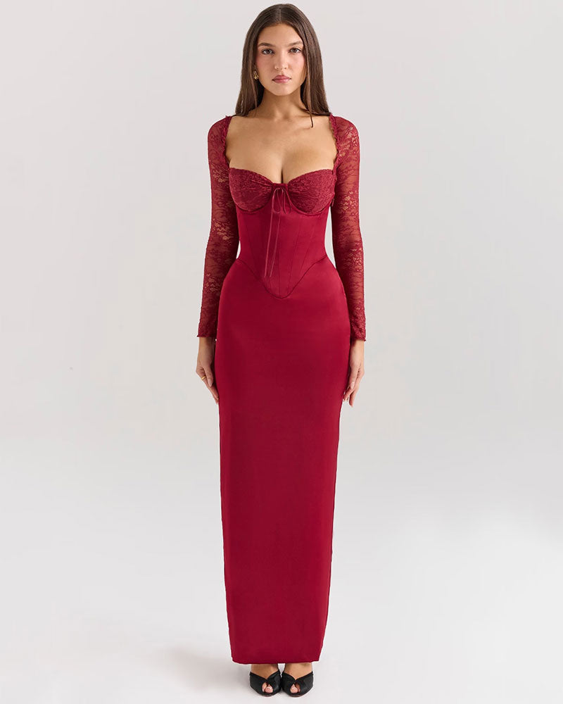 Vestido Largo Elegante Rojo Burdeos con Encaje - Vestiria