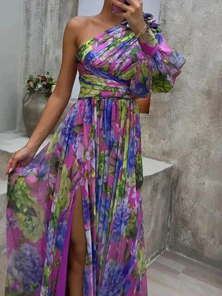 Vestido Maxi Feminino con Abertura Lateral y Estampado Floral - Vestiria