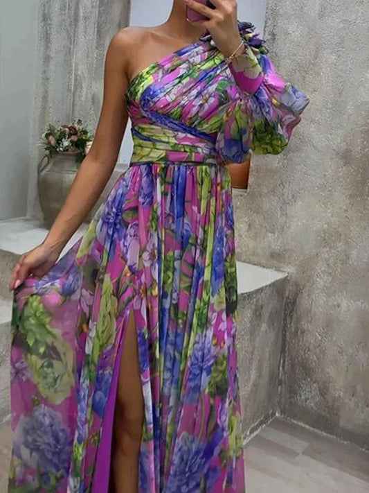 Vestido Maxi Feminino con Abertura Lateral y Estampado Floral - Vestiria