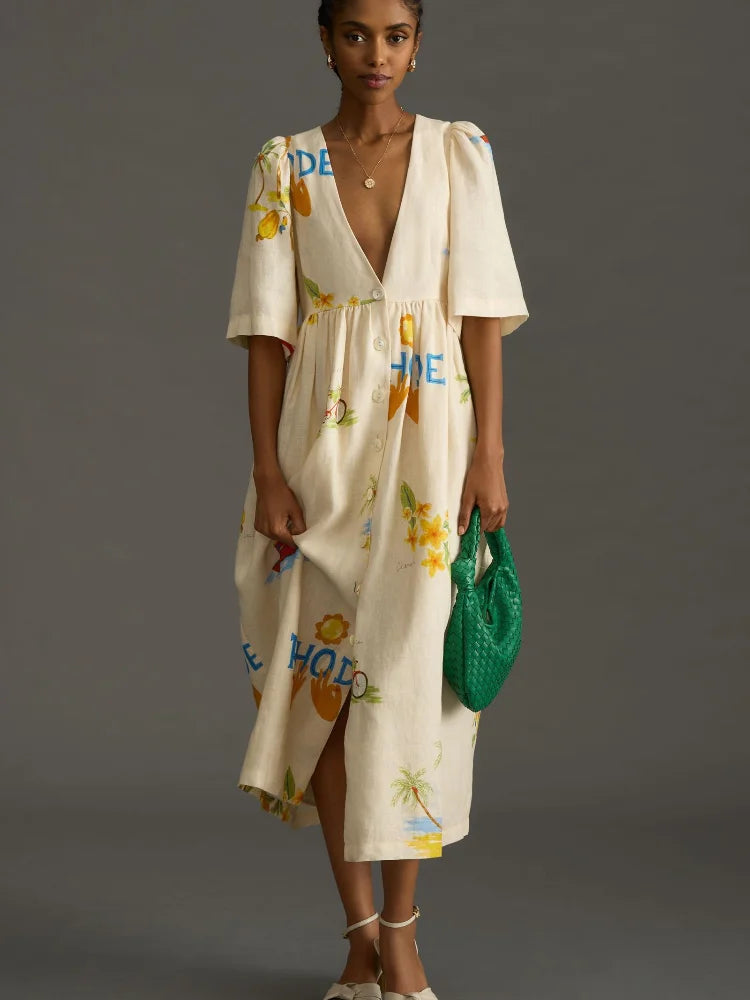 Vestido Midi Lino Estampado Chic