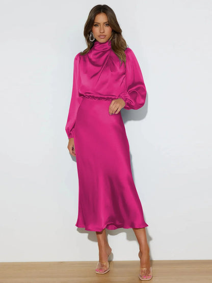 Vestido Mujer Midi Cuello Alto Elegante