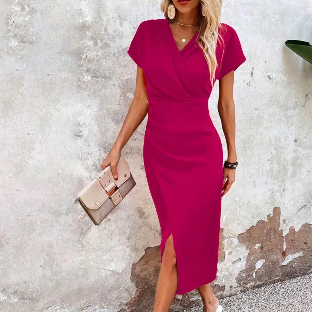 Vestido Midi Cruzado con Mangas Cortas Estilo Chic
