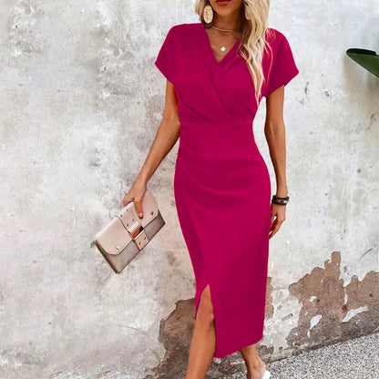 Vestido Midi Cruzado con Mangas Cortas Estilo Chic