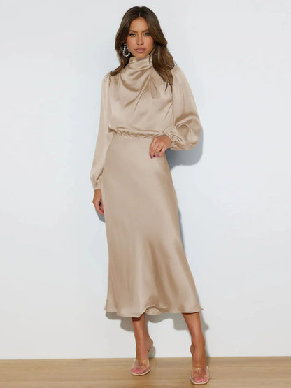 Vestido Mujer Midi Cuello Alto Elegante