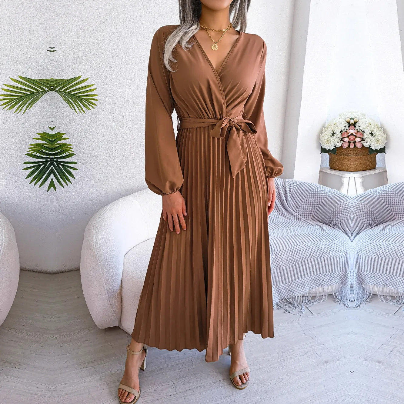 Vestido Largo Plisado Escote V Mujer Elegante