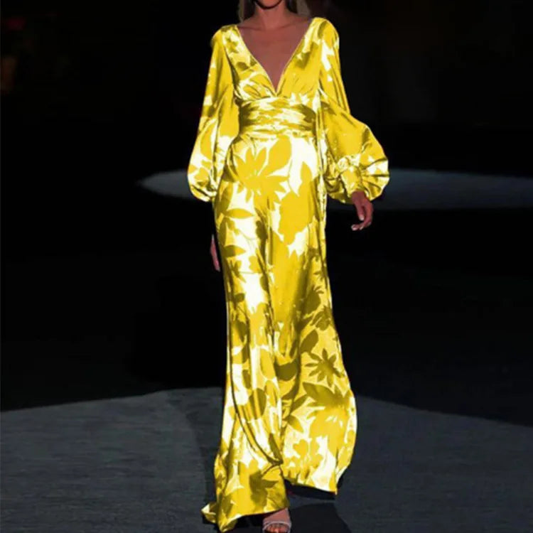 Vestido Largo de Noche con Mangas Largas y Escote en V