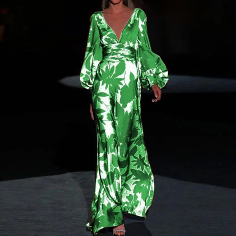 Vestido Largo de Noche con Mangas Largas y Escote en V