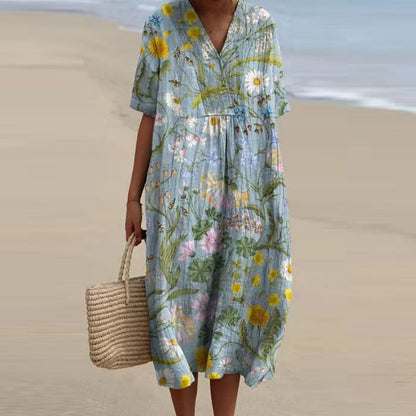 Vestido Florido Escote en V Feminino