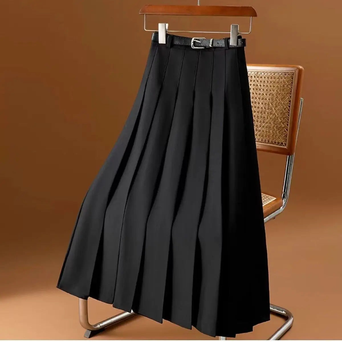 Falda Midi Plisada Cinturón Mujer Elegante