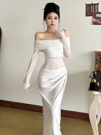 Vestido Elegante con Hombros al Descubierto y Malla